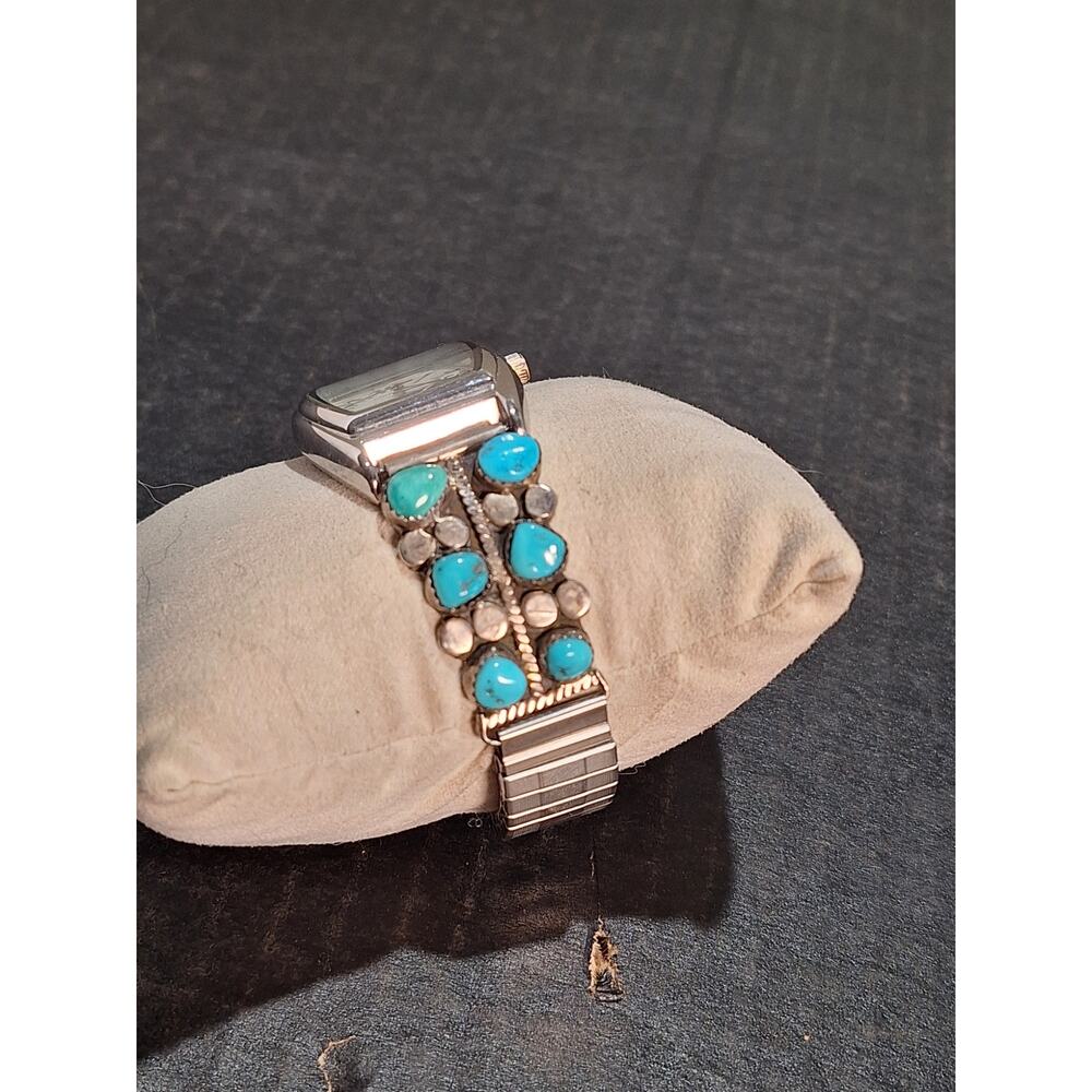 Sterling Silver Turquoise Watch Cuff w/ Geneva Quartz Watch Southwestern Runs! - Picture 2 of 11